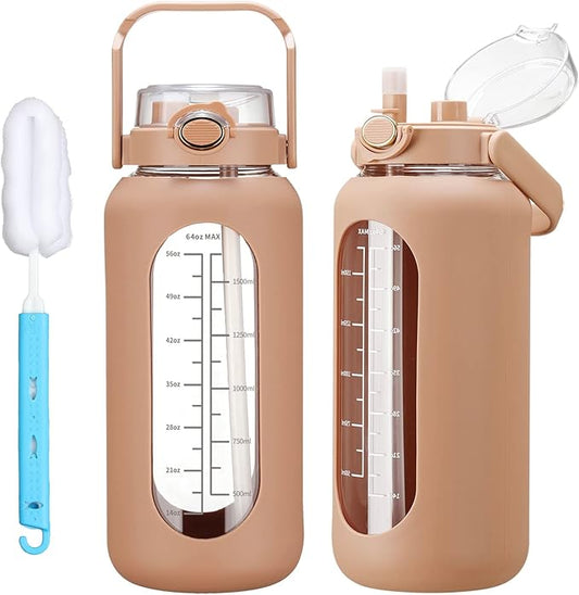 52oz Glass Water Bolttles with Straw Half Gallon Large Motivational Water Bottle with Time Marker Sports Water Bottles with Silicone Sleeve and Handle Lid Water Jug for Gym Workout