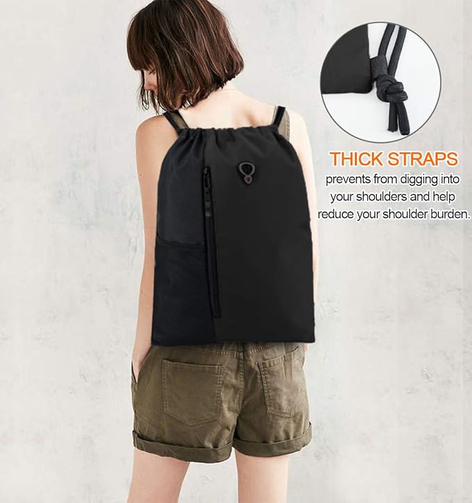 BeeGreen Black Drawstring Backpack Gym Bag For Men Women String Sports Backpack With Water Bottle Mesh Pockets And 2 Zippered Pocket Large Cinch Sackpack Workout Bag 16" x 20"