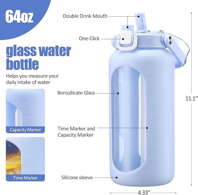 BLUEGO 64oz Glass Water Bottle with Handle and Straw, Motivational Sports Water Bottle with Time Marker and Silicone Sleeve Leakproof Drinking Bottle for Travel Gym Workout, Light Blue