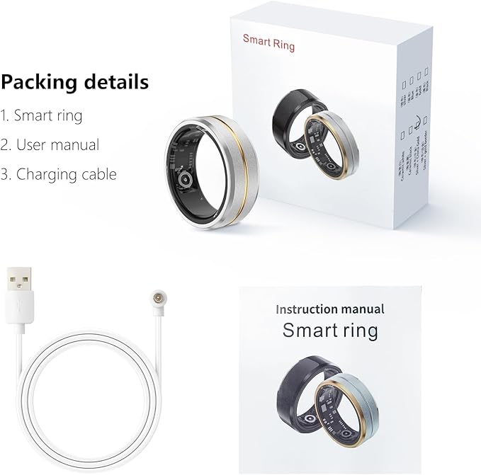 Fitness Tracker Smart Ring,Step Counter,Heart Rate Blood Oxygen Sleep Tracker Health Ring, 6ATM Waterproof Long Battery Life Smart Rings Compatible with IOS & Android （Silver with Middle Gold US11）