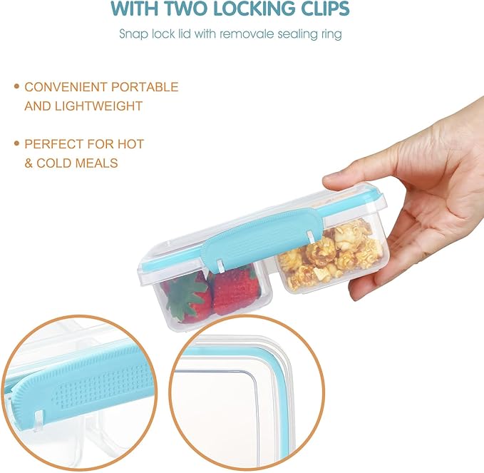 4 Pack Plastic Snack Containers with Lids, 2 Compartment Food Container for Kids Snack Box, Travel Bento Lunch Containers with forks for Fruits/Candies, Divided Food Storage Containers for School