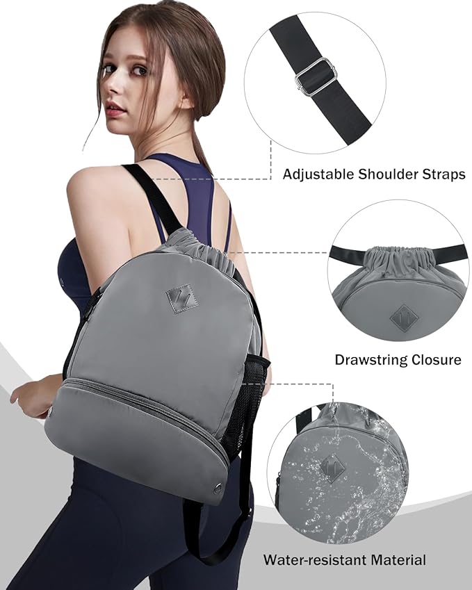 Drawstring Backpack Gym Backpack with Shoe Compartment for Men Women String Sports Bag with Wet Pocket Cinch Swim Beach Bag, Gray (Patent Pending)