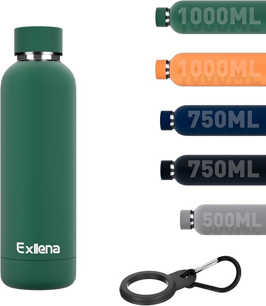 Slim Insulated Water Bottles for Travel 18oz with Clip, Double Wall Vacuum Stainless Steel Water Bottle Keeps Drinks Cold 24 Hrs/Hot 12 Hrs, 100% Leakproof, BPA Free(Emerald Green)