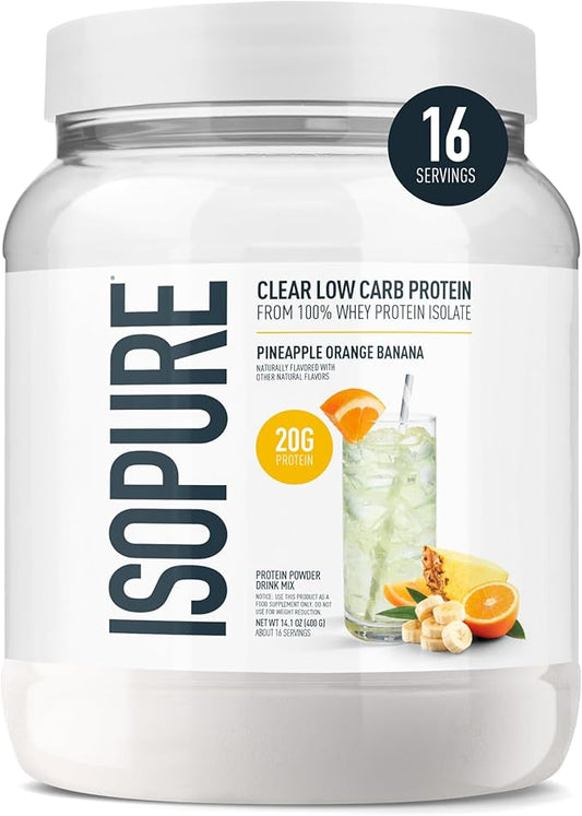 Isopure Clear Whey Isolate Protein Powder, No Gluten or Lactose, Naturally Flavored, Pineapple Orange Banana, 20g Protein Per Serving, 14.1 Oz, 16 Servings (Packaging May Vary)