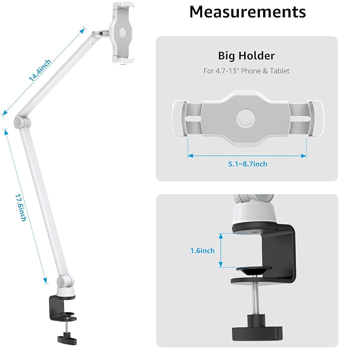 BEWISER Tablet Stand Holder Desk Mount,360°Rotating Flexibly, Angle Adjustable Long Arm, Folding Aluminium Alloy Compatible with4.7-13" Phone or Tablet in Kitchen/Office(White)