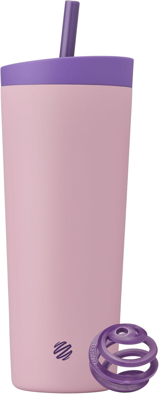 BlenderBottle 2-in-1 Insulated Stainless Steel Shaker Tumbler, Swig Leakproof Lid, Straw, BlenderBall, BPA Free, For Protein Shakes, Smoothies, And Pre Workout, 24 oz, Purple/Pink (Velvet Blush)