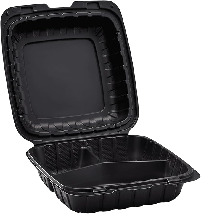 KARAT EARTH Clamshell Take Out Food Containers [8"x8" - 200 ct] To Go Containers | 3 Compartment, Soak-Resistant, Durable, Stackable | Vented for Hot/Cold Foods, Black