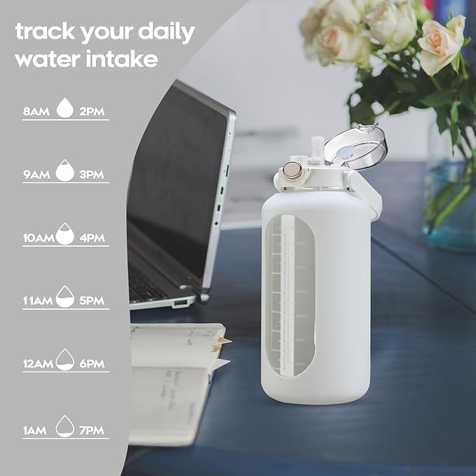 74 oz Glass Water Bolttles with Straw Large Motivational Water Bottle with Time Marker Sports Water Bottles with Silicone Sleeve and Handle Lid 2.2L Water Jug for Gym Workout