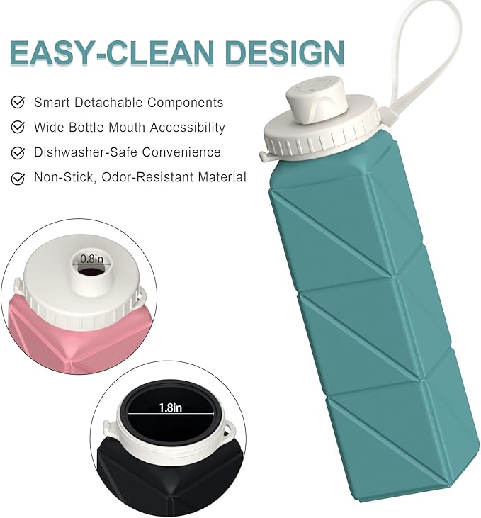 Collapsible Water Bottles 20.6oz 2 Pack, Silicone Foldable Portable Travel Water Bottle, Lightweight Reusable Leakproof for Traveling Camping Hiking Cycling Sports Outdoor (Blue+Pink)