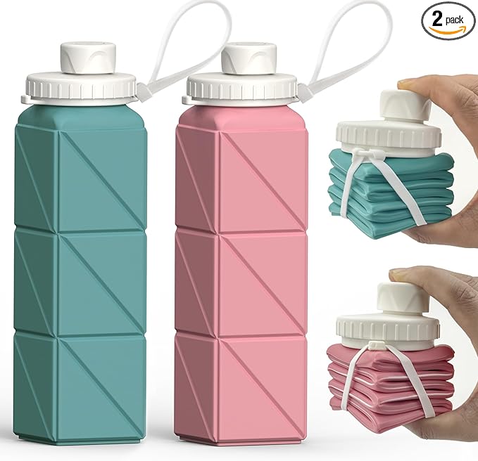 Collapsible Water Bottles 20.6oz 2 Pack, Silicone Foldable Portable Travel Water Bottle, Lightweight Reusable Leakproof for Traveling Camping Hiking Cycling Sports Outdoor (Blue+Pink)