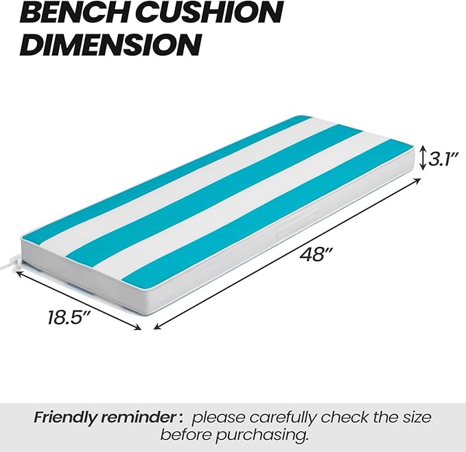 Crestlive Products Outdoor Bench Cushion 48 x 18 Inch, Waterproof Patio Bench Cushions for Outdoor Furniture, Porch Swing Replacement Pad with 30D Foam, Adjustable Straps, Blue White Stripe