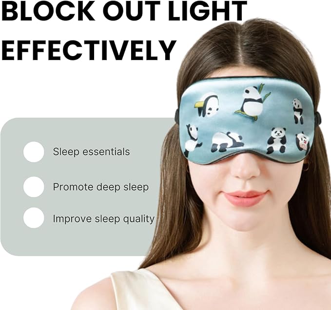 Satin Sleep Eye Mask, Cute Panda Eye Mask for Sleep, Soft Silk Satin Sleeping Mask Blindfold for Women and Men, Blackout Eyeshade Eye Cover Travel Essentials