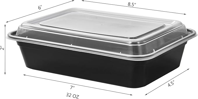 32 oz 50Pack Plastic Meal Prep Food Storage Containers with Lids Reusable 1 Compartment To Go Lunch Box Black Extra Large &Thick Microwave Freezer Safe BPA Free Stackable (Formerly FULING)