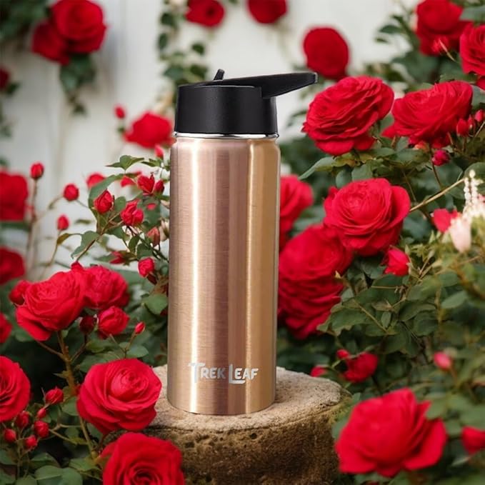 Travel Water Bottle with 3 Lids (Spout, Straw, Flip) Leak Proof, Quality, Vacuum Insulated, Stainless Steel (Rose Gold, 18 oz)