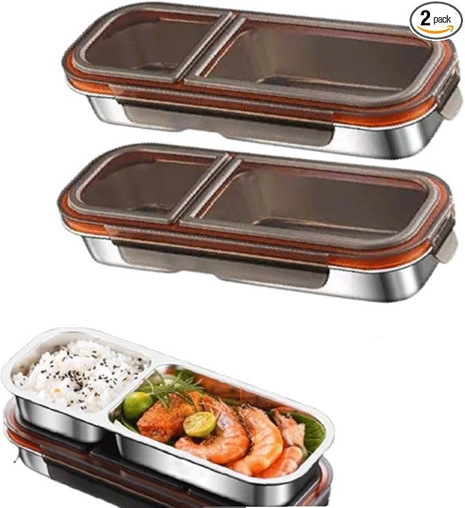 Stainless Steel Snack Containers, 2Pack Reusable Double/2 Compartment Snack Containers with Lids, Divided Food Storage Containers Sauce Cups for School, Travel(doube Compartment-black)