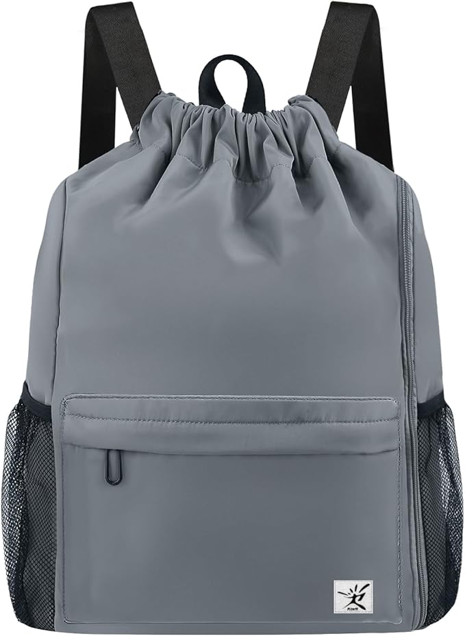 Drawstring Backpack with Mesh Pockets String Gym Bag Sackpack Sandproof Water Resistant Beach Backpack for Men Women