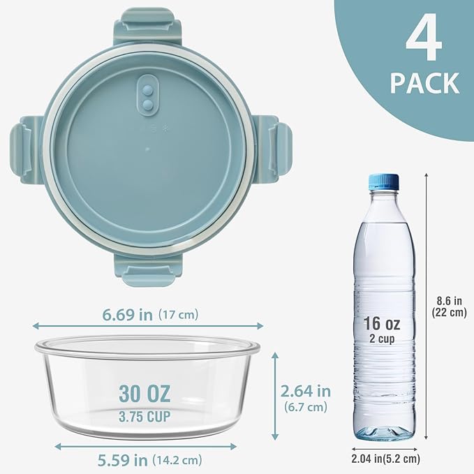 30oz Glass Meal Prep Containers with Lids, Airtight 3.75 Cup Food Storage Containers Set, Heat-Resistant BPA-Free Glass Containers for Soup Leftover, Microwave, Dishwasher, and Freezer Safe (4 Packs)