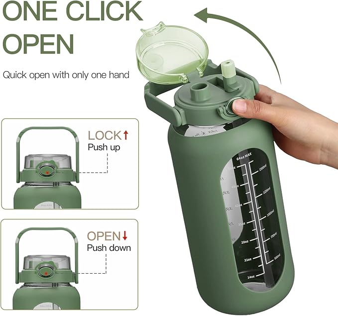 42oz/52oz/64oz Glass Water Bolttles with Straw Half Gallon Large Motivational Water Bottle with Time Marker Sports Water Bottles with Silicone Sleeve and Handle Lid Water Jug for Gym Workout