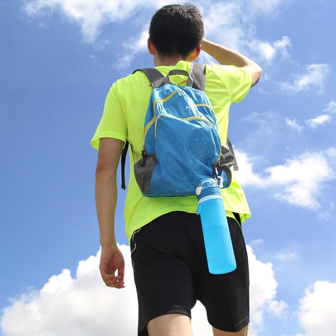 Valourgo Collapsible Water Bottle, Silicone Foldable with Leak Proof Valve BPA Free, Aqua Blue, 21 oz