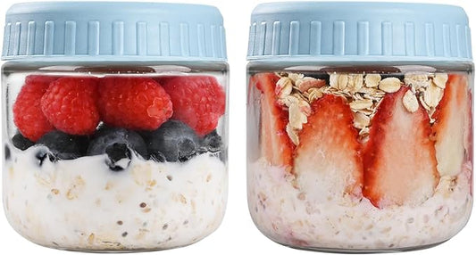 Overnight Oats Containers with Lids, 10oz Glass Jars with Lids 2 pcs, Light Blue, Wide Mouth Mason jars for Salad, Yogurt, Snacks, Meal Prep