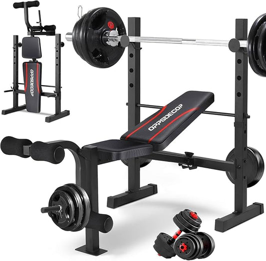 OPPSDECOR Standard Weight Bench Set with Squat Rack, 600LBS Adjustable Bench Press Set with Leg Extension and Leg Curl, Foldable Flat Incline Decline Workout Bench for Home Gym Full Body Training