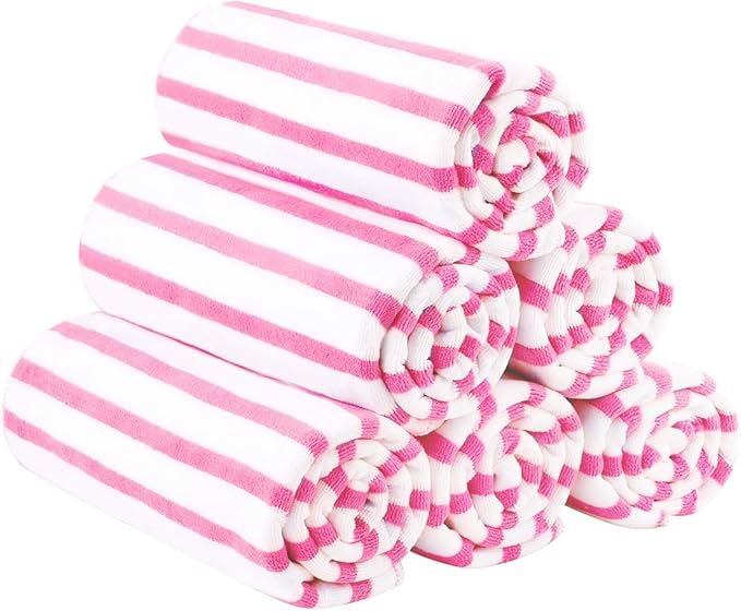 JML Microfiber Beach Towels, Cabana Stripe Bath Towel Set 6 Pack, 27" x 55" - Large Absorbent Quick Dry, No Fading, No Linting for Hair Wrap, Pool, Bath, Sport, Yoga, Camping, Swimming, Pink