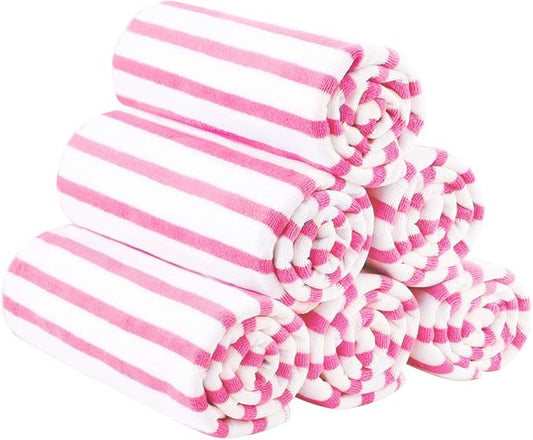 JML Microfiber Beach Towels, Cabana Stripe Bath Towel Set 6 Pack, 27" x 55" - Large Absorbent Quick Dry, No Fading, No Linting for Hair Wrap, Pool, Bath, Sport, Yoga, Camping, Swimming, Pink