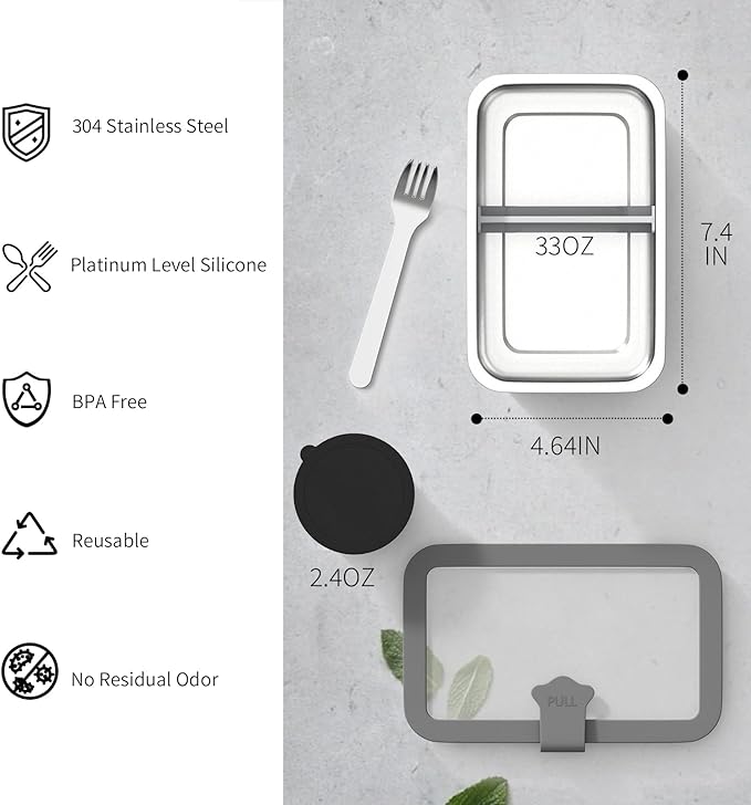 Stainless Steel Bento Box for Kid, 33oz Leak-Proof Lunch Box Containers with Adjustable Divider, Microwave-Safe, Metal Lunchbox for School Travel