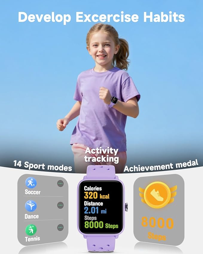 BIGGERFIVE Smart Watch for Kids Without APP, Fitness Tracker Watch Pedometer, Heart Rate, 5ATM Waterproof, Sleep Monitor, Calorie Step Counter, Games, Alarm Clock for Girls 5-14, Porous Lilac