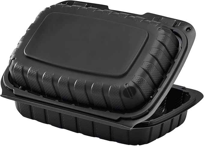 KARAT EARTH Clamshell Take Out Food Containers [9"x6" - 250 ct] To Go Containers | Microwavable, Freezer Safe, Soak-Resistant, Durable, Stackable | Vented for Hot/Cold Foods, Black