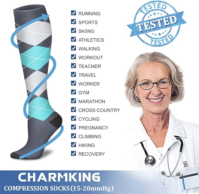 CHARMKING Compression Socks for Women & Men Circulation (8 Pairs) 15-20 mmHg is Best Support for Athletic Running,Hiking