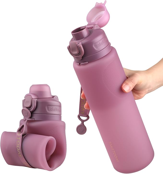 TakeToday Collapsible Water Bottles 32oz, Foldable Travel Water Bottle, BPA Free, Silicone Water Bottle Leakproof for Hiking, International Travel, Outdoors