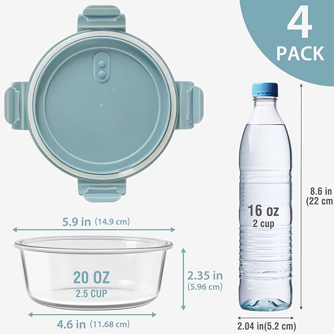 20oz Food Storage Containers with lids Set, Airtight 2.5 Cup Glass Meal Prep Containers, Heat-Resistant BPA-Free Glass Containers for Soup Leftover, Microwave, Dishwasher Freezer Safe (4 Packs)