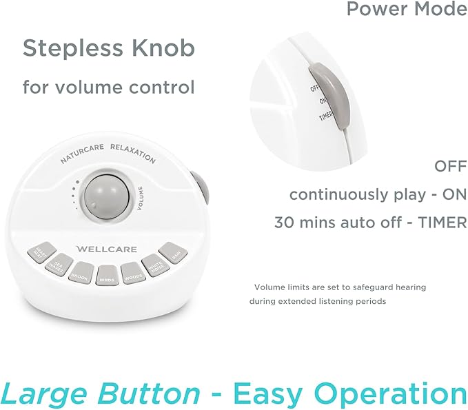 WELLCARE-Naturcare Sound Relaxation, White Noise, 7 Nature Sounds, Sleep Sound Machine, Calm Infants, for Baby, Kids, Adult. Stepless Volume, Timer, Powered by Adapter(Incl.) or Batteries(Not Incl.)