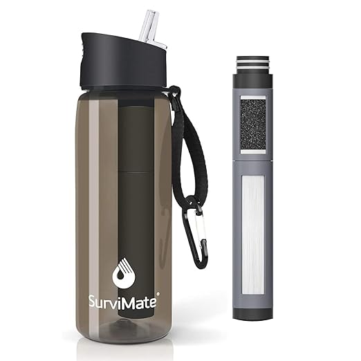 Survimate 5-Stage 0.01μm Ultra-Filtration Filtered Water Bottle, BPA-Free Material, NSF/ANSI 42&372 Certified, Portable Water Filter Bottle for Survival, Camping, Hiking, and Emergency Use