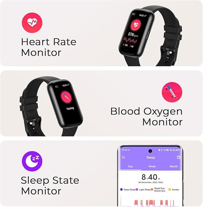 Fitness Tracker with 24/7 Heart Rate, Blood Oxygen, Sleep Monitor, 3ATM Waterproof Fitness Watch/Smart Watch/Activity Tracker, Pedometer/Step Counter, Calorie Tracker for Women Men, Black