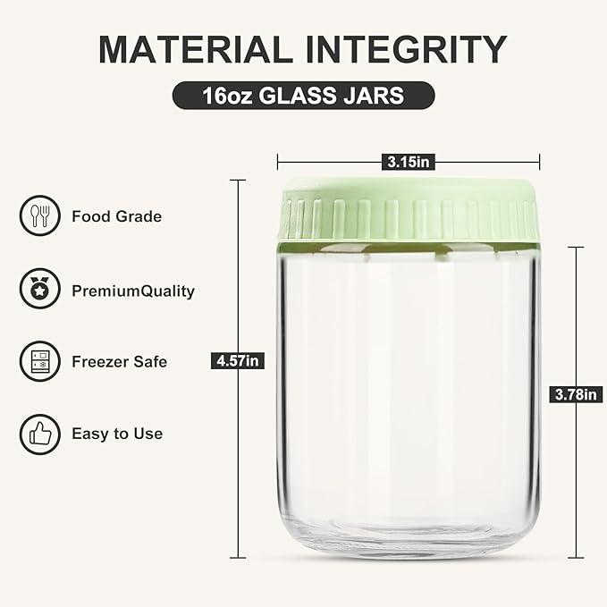 Overnight Oats Containers with Lids, 16oz Glass Jars with Lids 8 pcs, Light Green, Wide Mouth Mason jars for Salad, Yogurt, Snacks, Meal Prep
