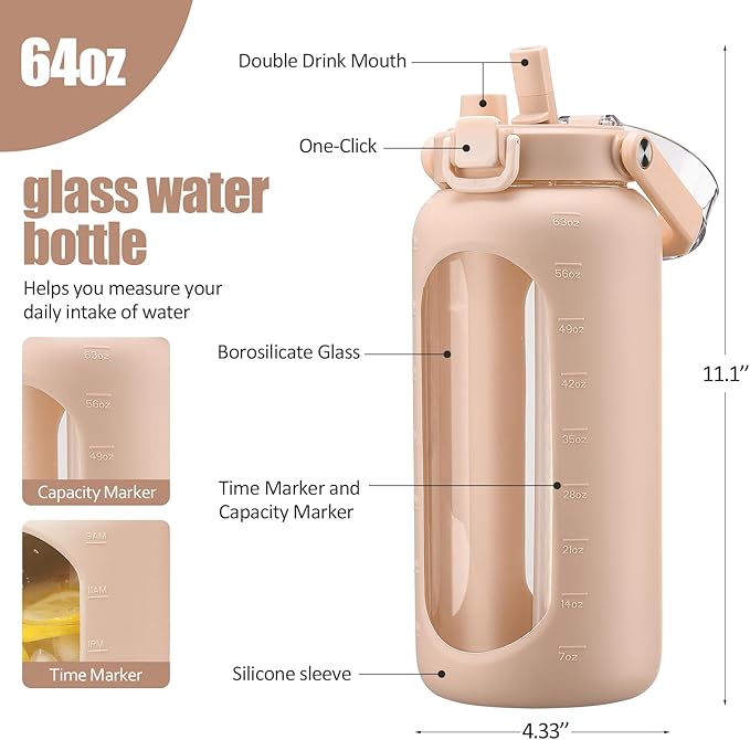 BLUEGO 64oz Glass Water Bottle with Handle and Straw, Motivational Sports Water Bottle with Time Marker and Silicone Sleeve Leakproof Drinking Bottle for Travel Gym Workout, Amber