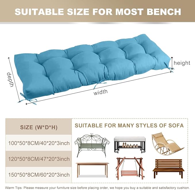 Outdoor Bench Cushion 47inches Waterproof & Fade Resistant Patio Furniture Cushions Tufted Fresh Porch Swing Lounger Loveseat Pads with Straps(Turquoise-47x20in)