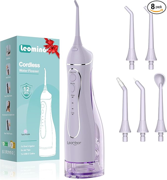 Leominor Water Dental Flosser Pick for Teeth, 300ML Portable Oral Irrigator Upgraded Tank Removable,IPX7 Waterproof, Rechargeable Travel Teeth Cleaner, Professional Electric Flossing Machine(T-Purple)