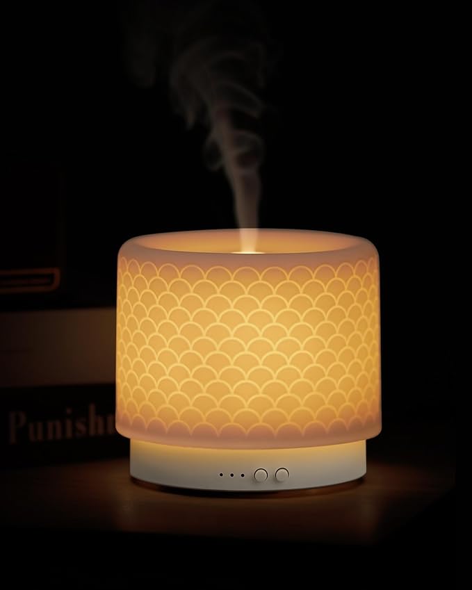 Ceramic Essential Oil Diffuser 280ml- Aromatherapy Diffuser with Ultrasonic Cool Mist Humidifier, Night Light, Timer, Auto Shut-Off, Large Room Aroma Diffuser for Home, Bedroom, Office, Yoga