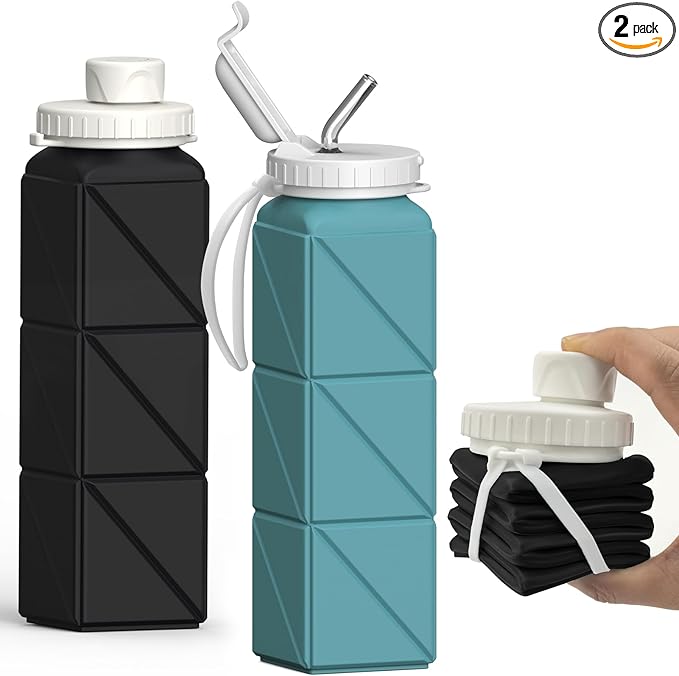 Collapsible Water Bottles 20.6oz 2 Pack, Silicone Foldable Portable Travel Water Bottle, Lightweight Reusable Leakproof for Travel Camping Hiking Cycling Yoga Sports Outdoor (Black+Blue)