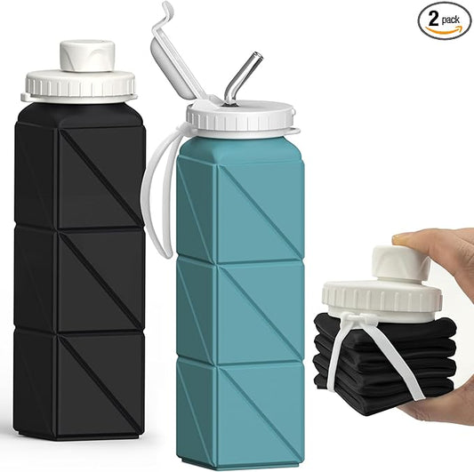 Collapsible Water Bottles 20.6oz 2 Pack, Silicone Foldable Portable Travel Water Bottle, Lightweight Reusable Leakproof for Travel Camping Hiking Cycling Yoga Sports Outdoor (Black+Blue)