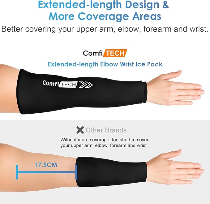 ComfiTECH 2 Pack Full Arm Cold Wrap with Flexible Gel, Reusable Cooling Ice Pack for Elbow, Forearm, and Upper Arm, Large, Black