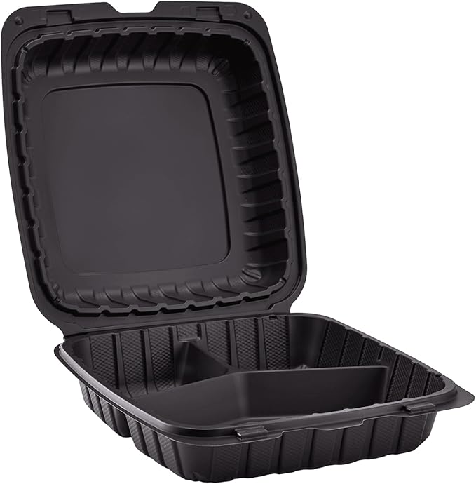 KARAT EARTH Clamshell Take Out Food Containers [9"x9" - 120 ct] To Go Containers | 3 Compartment, Soak-Resistant, Durable, Stackable | Vented for Hot/Cold Foods, Black