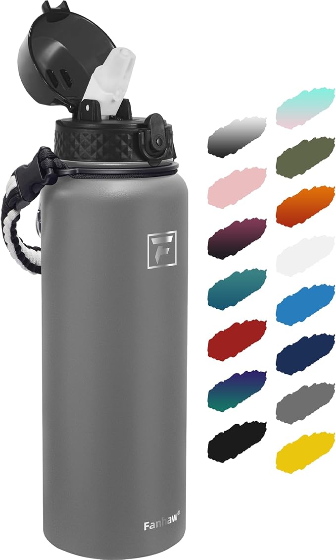 Fanhaw 40 Oz Stainless Steel Insulated Sports Water Bottles with Straw for Kids, Men and Women (Gray)
