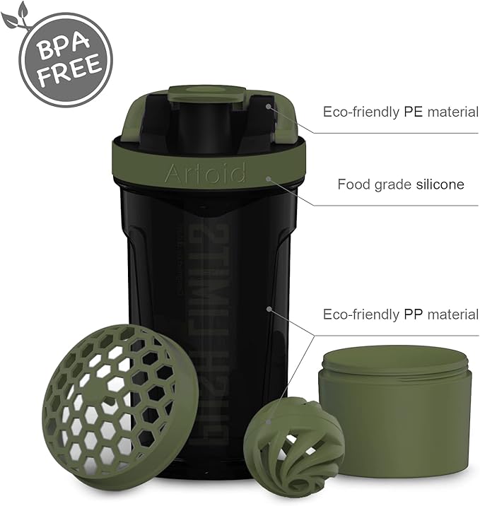 Artoid Sports Protein Shaker Bottle, 24-Ounce, Dual Mixing Technology, BPA Free, Black/Moss Green