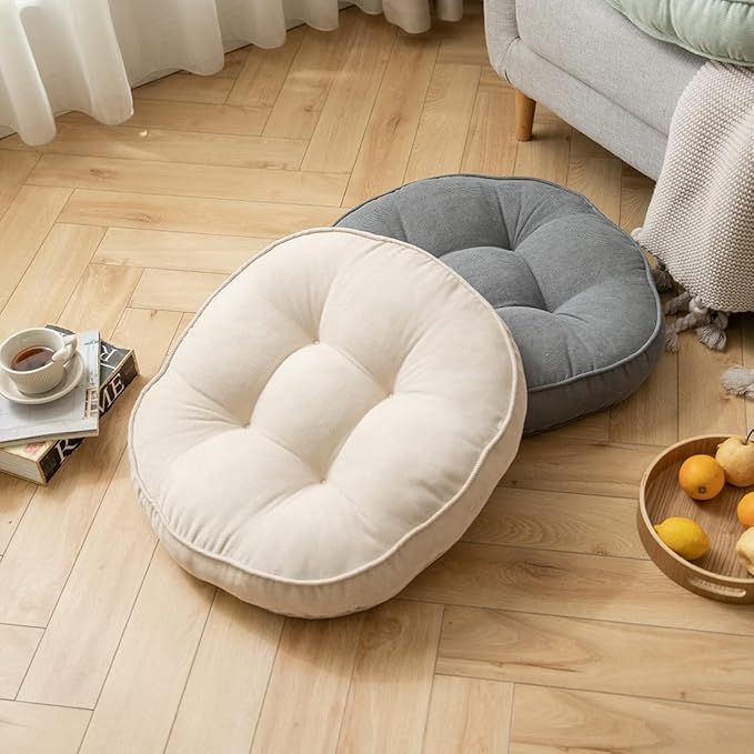 Corduroy Chair Pads Seat Cushion Soft Thicken Bedroom Living Room Floor Tatami Cushion Round Seat Pad for Kids Reading Adult Office,1 Count (Ivory,22"x22")