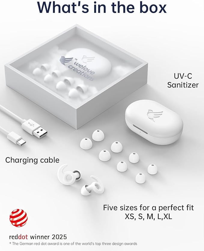 Welove Ultra-Comfy Ear Plugs with First-Ever UV Sanitizer—Reusable Earplugs for Sleep, Focus, Travel, and Noise Sensitivity |Hearing Protection |Customizable Fit | 18dB NRR Noise Reduction