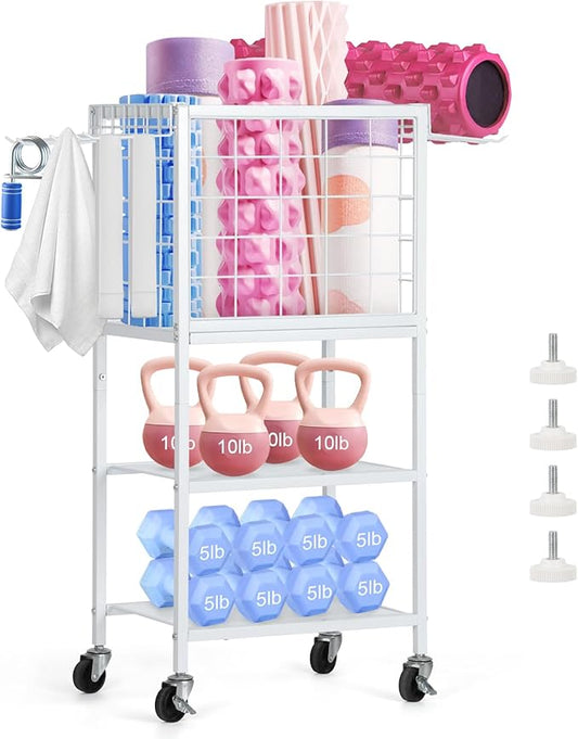 Dumbbell Rack for Home Weight Rack for Home Gym Yoga Mat Storage Rack Black Workout Equipment Storage Organizer with Hooks Yoga Mat Holder with Wheels for Yoga Block, Dumbbell, Resistance Band